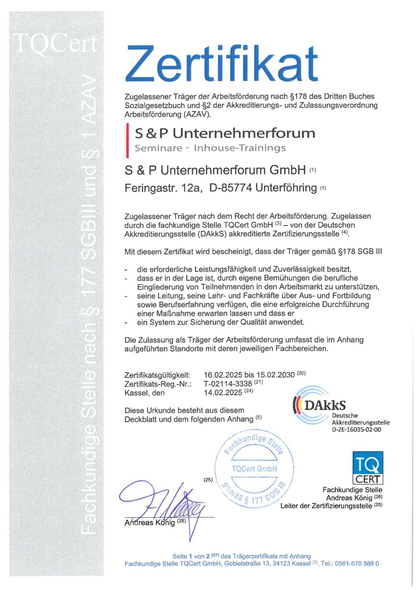 AZAV Zertifizierung S+P Seminare