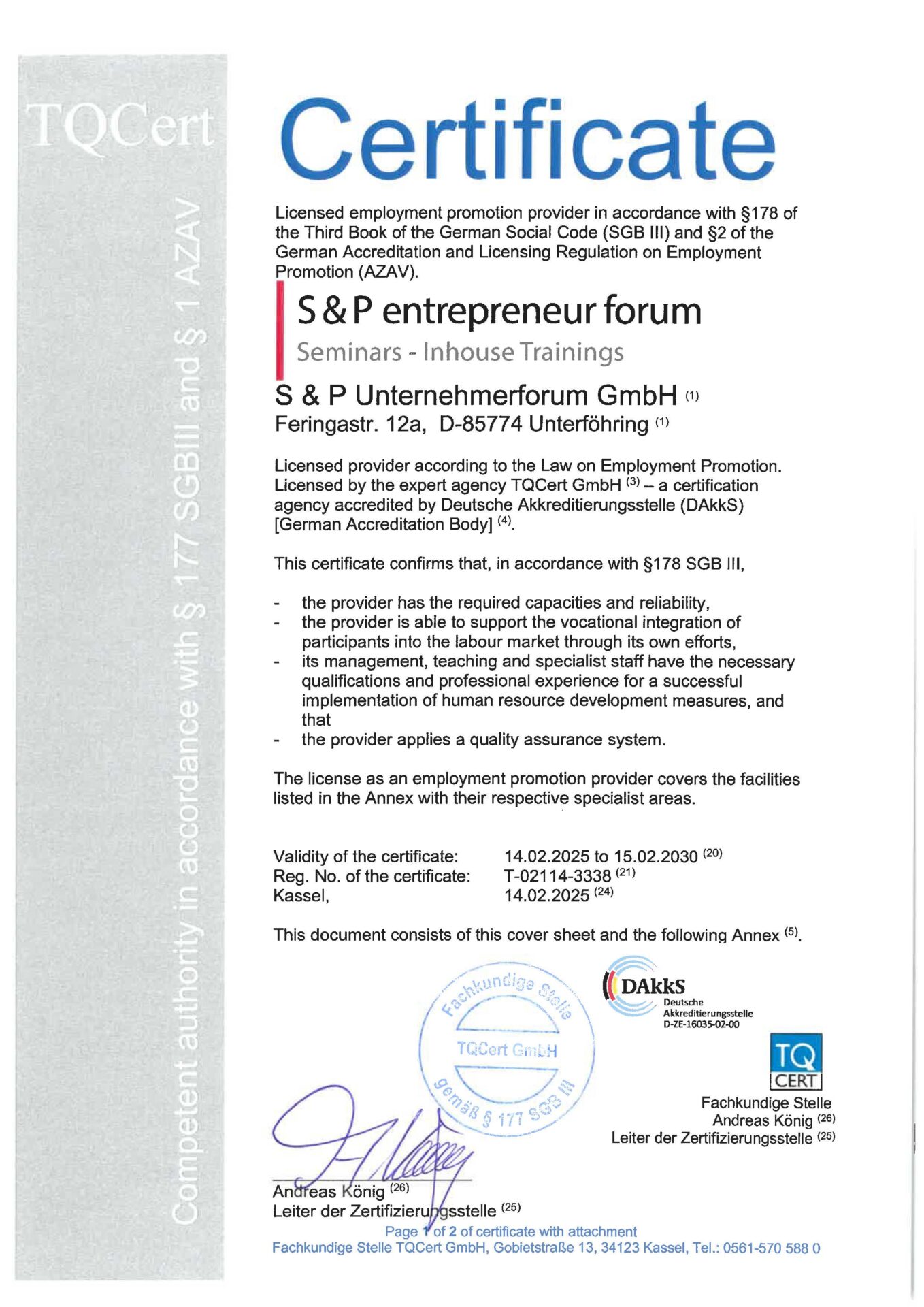 AZAV Certified S+P Seminars